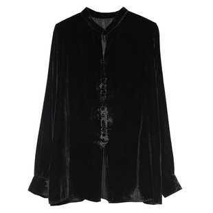 复古国风真丝丝绒纽扣立领衬衫女冬季新款开叉轻奢百搭上衣潮