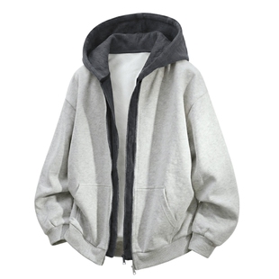 男士美式开衫假两件卫衣男款宽松连帽外套2026新款设计感撞色上衣