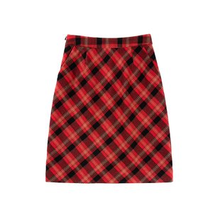 UNRETRO 复古斜裁红格纹毛呢半身裙女秋冬后开叉直筒中长款裙子