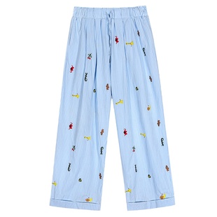 落落狷介高腰阔腿裤女2025新款夏款蓝色条纹刺绣裤子小个子松紧腰