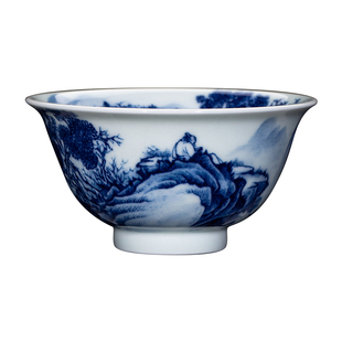 钟家窑主人杯景德镇青花柴窑重工满绘内外山水《溪涧闲居》品茗杯