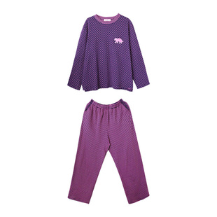 FishHome原创弹力针织棉藏青玫粉波点条纹圆领套装长袖长裤家居服