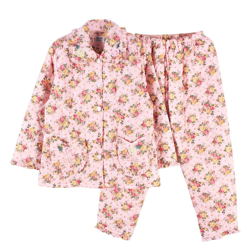 正品欣琦丝睡衣女冬季全棉夹棉保暖可爱印花小清新甜美家居服套装