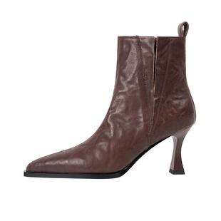 吴大叔2025秋冬巨好看靴子棕色气质高跟女靴气垫缓震时尚尖头短靴