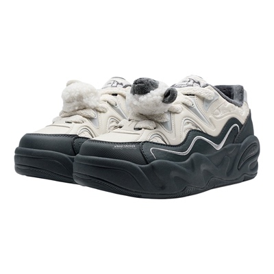 特步萌仔鞋春季新款加绒革面保暖女鞋棉鞋女士休闲鞋厚底运动鞋子