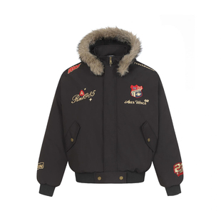 美式高街座山雕徽章刺绣飞行夹克男女秋冬季加厚保暖连帽棉服外套