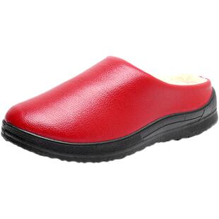 冬季女士防水棉拖鞋皮面耐脏加绒保暖厚底居家室内外情侣妈妈棉鞋