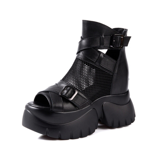 潮复古罗马真皮内增高10CM凉靴女2026夏厚底牛皮网纱镂空厚底凉鞋