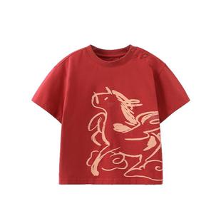 [骏马福裳抗菌]齐齐熊宝宝t恤短袖红色新年男童儿童装拜年服马年