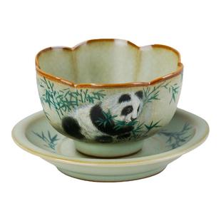 熊猫手绘主人杯汝瓷花瓣杯大容量汝窑开片茶杯省工大师收藏款杯盏