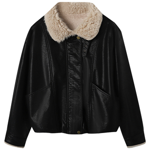 慕兔复古咖色皮衣外套女2025冬季新款小个子加厚保暖机车夹克上衣