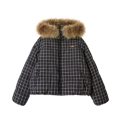 Uena蓝色格纹毛领连帽棉服