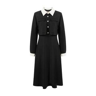 秋水伊人气质黑色连衣裙冬季新款简约小个子长袖外套半身裙套装女