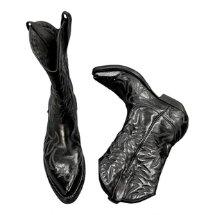 暗黑复古刺绣西部牛仔靴男女花纹翘头巫师靴中筒骑士靴尖头机车靴