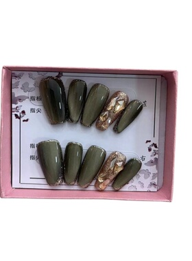 草绿猫眼香槟钻新年显白纯手工定制穿戴甲可拆卸手工美甲成品梯形