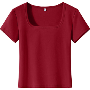 猫人红色方领打底衫修身t恤女短款2026夏季新款正肩短袖内搭上衣Z