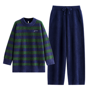 悦内半边绒睡衣男士秋冬季珊瑚绒加厚加绒保暖家居服男款圆领套头