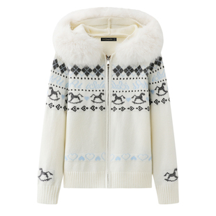 拉夏贝尔/La Chapelle费尔岛毛衣外套女冬季新款大毛领针织衫上衣