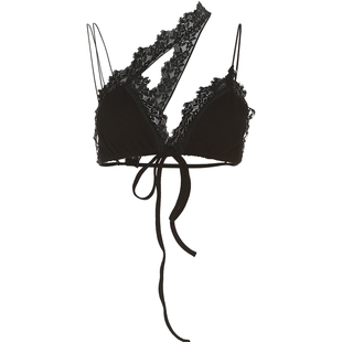 怪诞女孩 小众设计感蕾丝勾花斜肩纯色吊带上衣性感深V露背文胸女