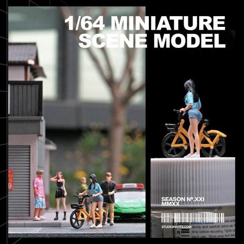 1:64比例骑自行车树脂摆件食女孩人偶玩道具微缩小人模型沙盘微观