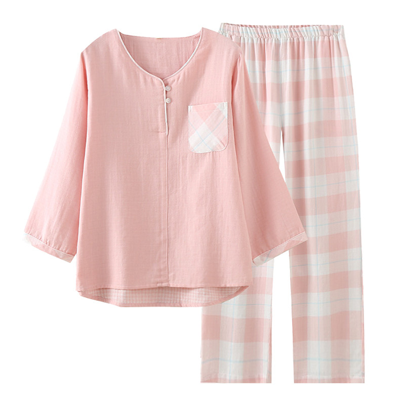 春秋女士纯棉家居服套装纱布套头八分袖长裤睡衣夏日系格子休闲