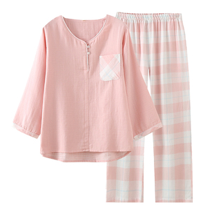 春秋女士纯棉家居服套装纱布套头八分袖长裤睡衣夏日系格子休闲
