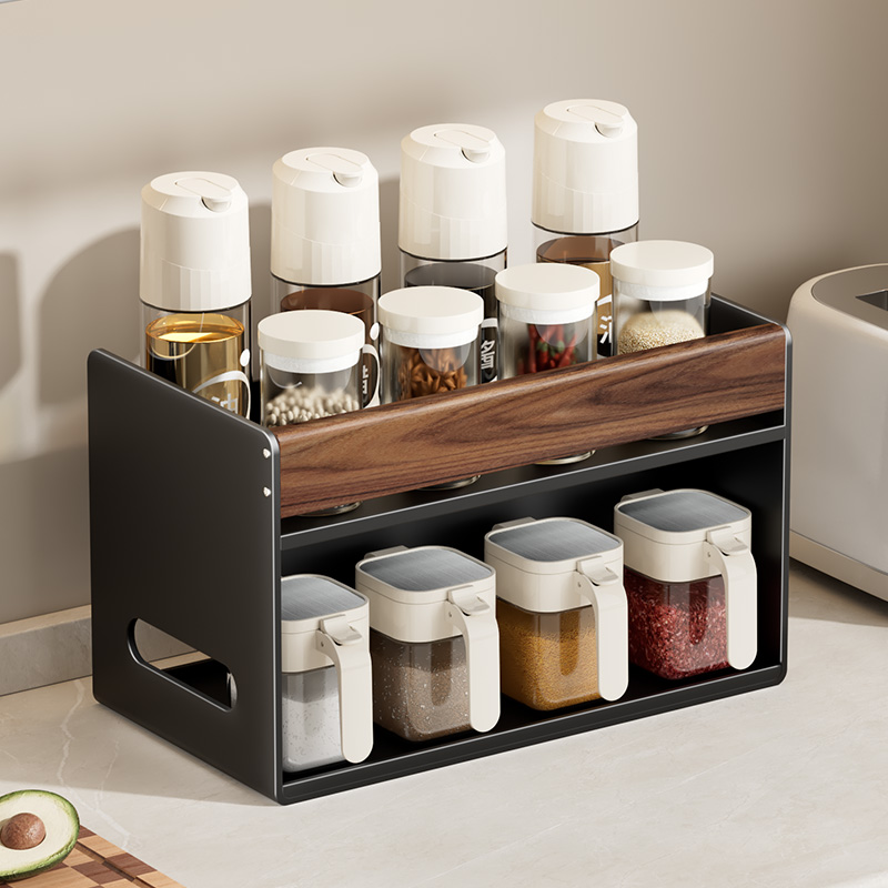 胡桃木厨房调料品置物架台面家用调味料盐罐油壶组合套餐收纳架子