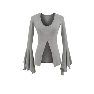 小谷姿秋款下摆开叉设计V领大喇叭袖打底衫气质收腰显瘦T恤上衣女