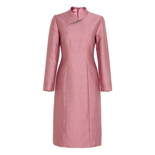 专柜正品马天奴2025秋冬新款粉色提花钉珠连衣裙子旗袍立领新中式