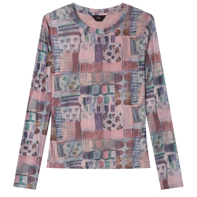 白鹿语撞色印花圆领长袖网纱T恤