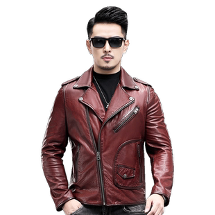 时尚机车潮男新款山羊皮外套修身短款秋时尚真皮皮衣酒红色皮夹克