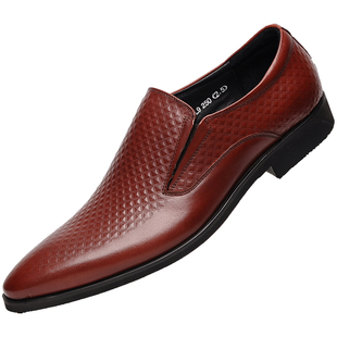 欧美尖头皮鞋潮男真皮一脚蹬套脚牛皮压花格纹商务正装皮鞋透气