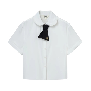 【EIand奥莱】衣恋白色短袖衬衫女蝴蝶结领带雪纺衫上衣夏