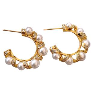 金色微镶环绕珍珠C圈耳圈女秋冬高级感耳饰圈圈耳环独特漂亮耳钉