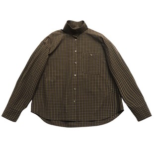 鹿与飞鸟“落日市集”日系纯棉立领叠穿宽松两色复古格纹衬衫7158