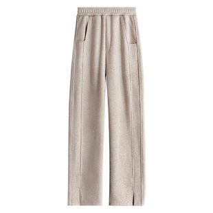 燕麦色裤子女秋冬2024新款高腰直筒加厚毛呢开叉人字纹加绒阔腿裤