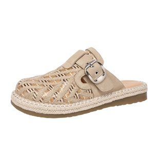 MILLIE'S/妙丽勃肯包头度假拖鞋女外穿一脚蹬穆勒鞋编织平底凉拖