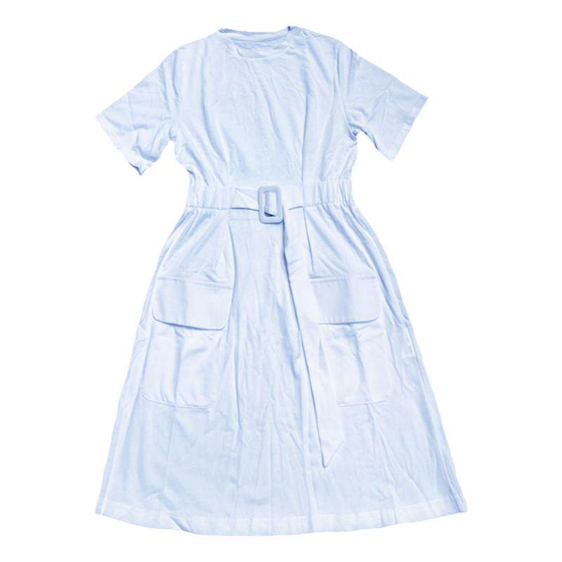 正品高贵100纯棉连衣裙女韩国名媛小香风T恤裙系带松紧腰纯色a字
