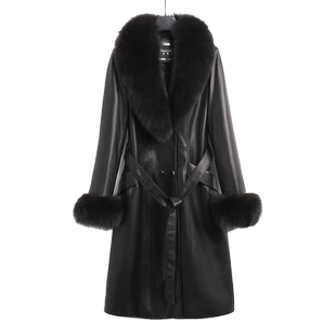 新款大码皮衣皮草毛领长款海宁真皮羽绒服女大衣绵羊皮外套妈妈装