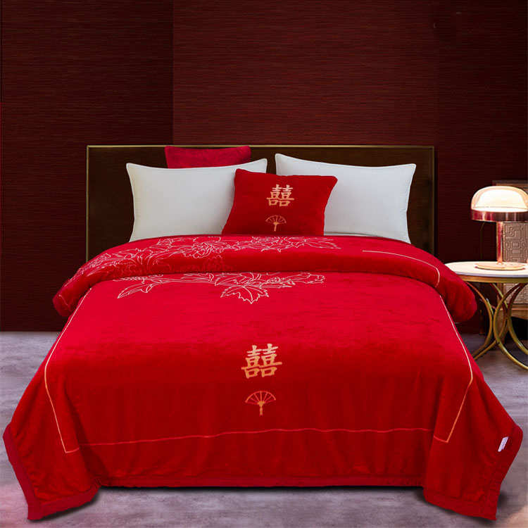 结婚红色毯子陪嫁送礼毛毯被子双人喜字盖毯加厚双层婚庆喜被绒毯