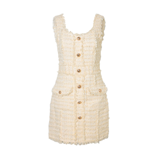 DPLAY2025年秋季新款白色粗花呢连衣裙女时尚洋气小香风裙子短裙