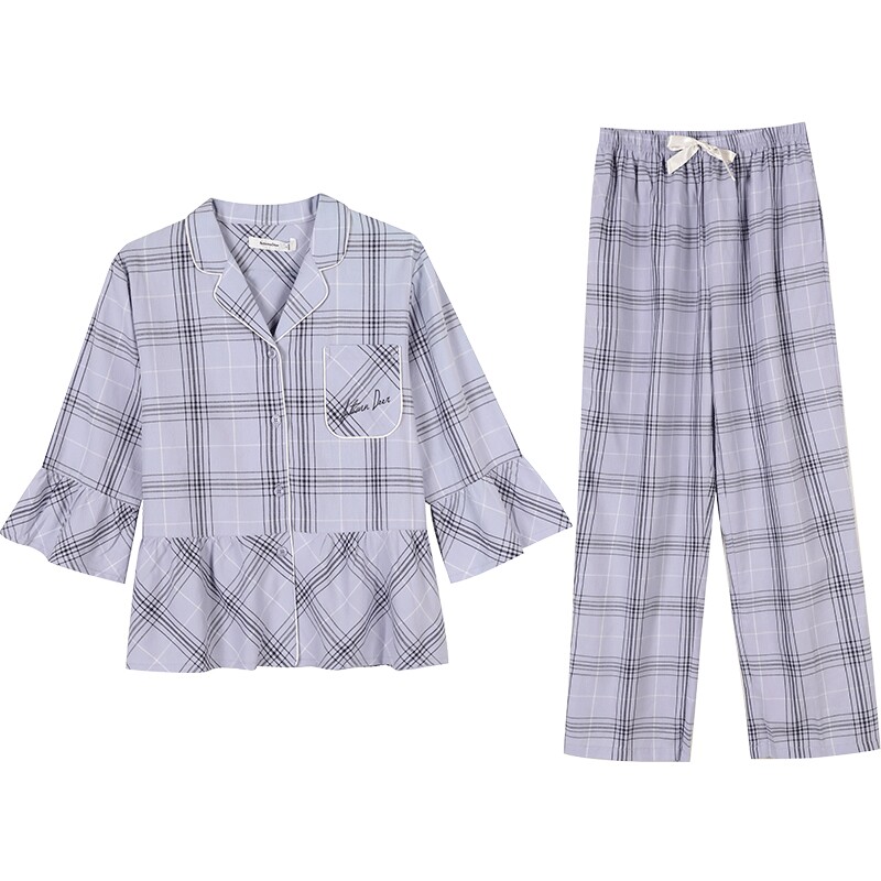 秋鹿【线下商场同款】格子纯棉睡衣女夏款七分袖长裤喇叭袖家居服