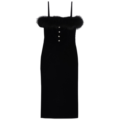 bebe冬季新款丝绒毛领吊带裙