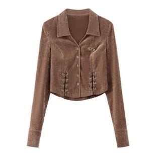 Vone SheeE美式复古丝绒抽绳衬衫女修身短款衬衣2026早秋新款上衣