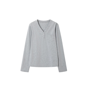 时然大码灰色V领T恤微胖ｍｍ春季长袖打底衫内搭宽松休闲通勤新品