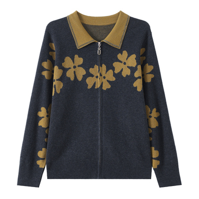 中老年翻领拉链针织开衫女春装洋气妈妈提花羊绒薄外套加肥加大码