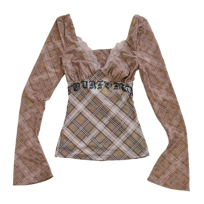 FOURFORTY EYES PLAID TOP 韩里韩气 格纹蕾丝网纱长袖打底上衣