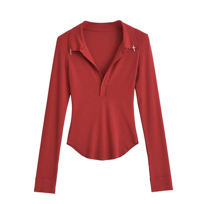 涩谷辣妹长袖内搭上衣翻领t恤女