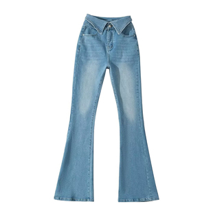 欧美风辣妹性感高腰包臀弹力微喇牛仔裤设计感腰部折边拖地裤长裤