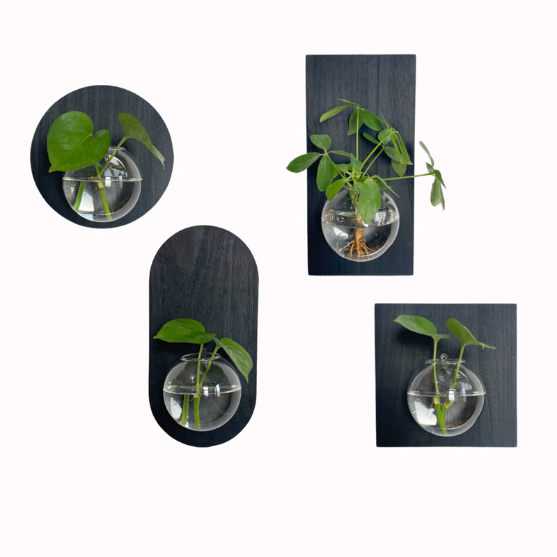 黑色实木壁挂水培植物玻璃花瓶极壁饰